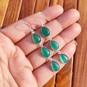 ต่างหูห้อยทรงหยดน้ำสามเม็ดประดับออนิกซ์สีเขียว ตัวเรือนทองเหลืองชุบเงิน สไตล์โบฮีเมียน สำหรับผู้หญิง เหมาะสำหรับงานปาร์ตี้ - Product Image 2