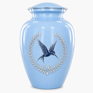 Hermosa urna conmemorativa plateada azul cielo con diseño de gatos y patas grabadas para cenizas de mascotas. - Product Image 6