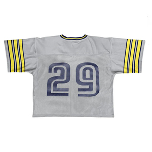 เสื้อลาครอสโอ๊คริดจ์ซัมเมอร์ 29 แบบตาข่าย คอวี แขนสั้น สีเทา เหลือง น้ำเงินลายทาง ระบายอากาศได้ดี ผลิตจากโพลีเอสเตอร์ รับสกรีนโลโก้ - Product Image 2