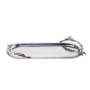 Plateau décoratif ovale en argent avec poignée en bambou, motif végétal, artisanat traditionnel en métal, emballage individuel - Product Image 1