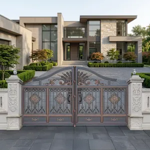 Luxury Grey Powder Coated Wrought Iron Double <b>Swing</b> Main Gate Rose Gold Floral Scrollwork Modern Villa Home Entrance Security - Product Image 2