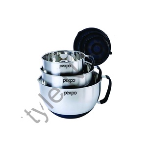 Ensemble de 3 bols à mesurer isolés en acier inoxydable avec couvercle et poignée de couleur noire au prix de gros - Product Image 1