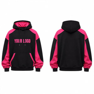 Unisex Black <b>Pink</b> Color Blocking Hooded Sweatshirt Raglan Sleeve Fleece Casual Autumn Wear With Front Pocket Print - Product Image 1