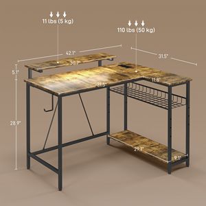 Brown Reversible L-Shaped Home Office PC Desk <b>Corner</b> Desk with <b>Storage</b> MDF Material Featuring Lights Power Outlet USB Ports - Product Image 3