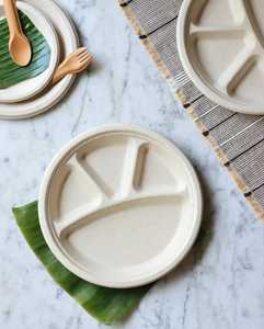 Assiette ronde en bagasse naturelle de 11 pouces, 4 compartiments, écologique, en canne à sucre, jetable, biodégradable, vente en gros - Product Image 6