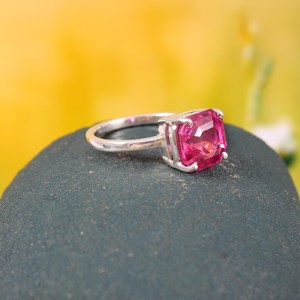 Anillo de Plata de Ley 925 con Zafiro Rosa, Corte Asscher, Chapado en Oro de 14K, Joyería de Compromiso Hecha a Mano, Regalo - Product Image 5