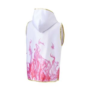 Chaqueta de boxeo sin mangas con capucha, diseño de llamas rosas sublimadas, chaqueta de ring con gráfico personalizado, bata de combate. - Product Image 2