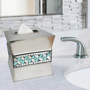 Elegante Cubierta para Caja de Pañuelos con Mosaico Verde Espuma Marina y Borde Plateado Cepillado, Portapañuelos Cuadrado de Estilo Costero Sofisticado - Product Image 5