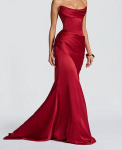 Vestido de noche elegante de satén plisado de color liso para mujer, con espalda descubierta, para exportación - Product Image 2