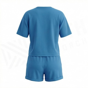 Women's 2 Piece Solid Blue <b>Knitted</b> Casual <b>Set</b> Short Sleeve T Shirt and Above Knee Shorts Regular Fit Spring Summer Wear - Product Image 2