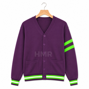 Cardigan en acrylique violet à col en V de la sororité HMR Sisterhood, avec rayures vertes et blanches, manches longues, décontracté, boutonné devant - Product Image 5