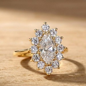แหวนหมั้นฮาโลคลัสเตอร์วินเทจได้รับการรับรองความชัดเจนของ VVS 10K 14K 18K แหวนแต่งงานโซลิแทร์สีทอง - Product Image 5