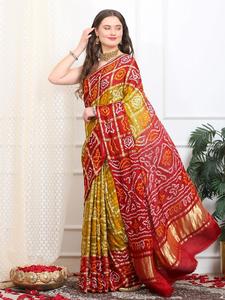 Sari de Seda Pura Ghatchola Bandhani, Sari Tradicional de Boda Gujarati y Rajasthani con Cuadros Zari - Product Image 6