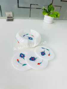 Handmade White Marble <b>Coaster</b> Set With Floral Inlay Design For Home Decoration Wholesale Best Price Available - Product Image 3