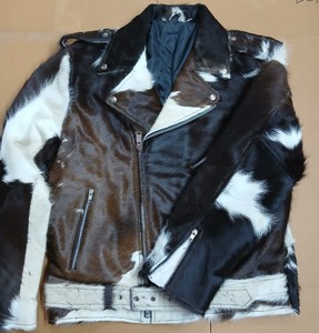 Cowhide Patchwork Faux Fur Moto Biker Jacket With Zipper Closure Stand Collar Winter Outerwear - Product Image 4