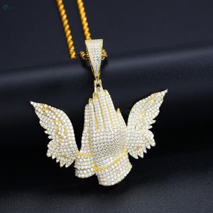 Pendentif Mains en Prière Serties de Diamants de Laboratoire avec Ailes en Argent Sterling 925, Collier Bling Hip Hop Style Rappeur - Product Image 4