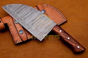 Cuchillo de carnicero hecho a mano de acero de Damasco, cuchillo de chef con mango de madera, cuchillo de cocina para cortar carne con funda de cuero - Product Image 4