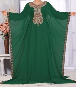 Turquoise Embroidered Gold Detailing Floor Length Modest Polyester <b>Abaya</b> Plus Size High Neck Long Sleeve <b>for</b> <b>Women</b> Middle East - Product Image 3