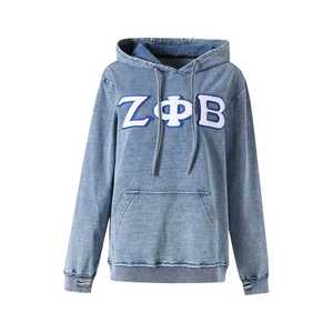 Sweat à capuche en denim Zeta Phi Beta 1920, délavage foncé, broderie chenille, vêtements de sororité grecque, unisexe, coton premium - Product Image 1