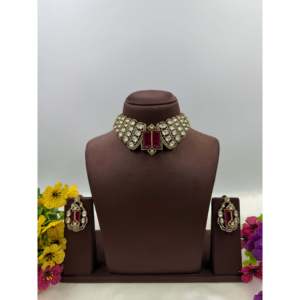 Indian Ethnic Mira Moissanite Gold Plated Bridal Choker Necklace & Earring Set - Product Image 6
