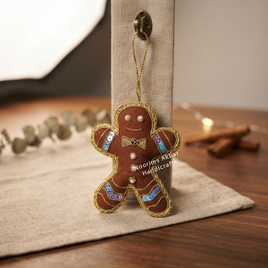 Handmade Gingerbread Man Embroidered Christmas <b>Ornament</b> with Sequin Detail Medium Size Hanging Decoration - Product Image 2