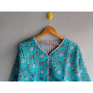 Veste en coton matelassée jaune à motifs floraux imprimés à la main pour femme, réversible, boutonnée, décontractée, cadeau pour elle - Product Image 2