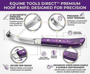 Equine Tools Direct Cuchillo para Pezuñas de Doble Filo, Acero Inoxidable Magnético J2 420, Para Mano Derecha, Mango Ergonómico Morado - Product Image 5