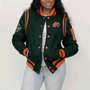 Custom Long Knitted Wool Varsity <b>Jacket</b> Chenille Patches Embroidery Sororities Breathable Fleece Lining Green Orange - Product Image 3
