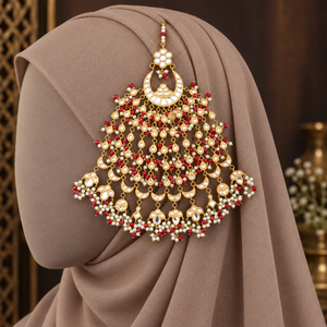 Jhumar nupcial estilo Kundan chapado en oro con cuentas rojas y perlas de imitación, joyería para el cabello pakistaní, suministro al por mayor de fábrica - Product Image 4