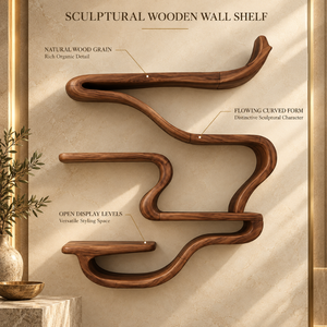 Étagère murale en bois bio |   Étagère flottante artistique au design sculptural incurvé, grain de bois naturel, décoration moderne pour la maison, rangement - Product Image 4