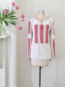 <b>Women's</b> White Cotton <b>Blouse</b> with <b>Red</b> Embroidery V-Neck Half Sleeve Regular Fit Washable Spring Summer Top - Product Image 3