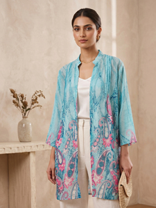 Open Front Mandarin Collar Blue Color Floral Print Shrug Longline Lightweight <b>Cardigan</b> Three Quarter Sleeves Bohemian Outerwear - Product Image 1