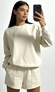 Solid Color Two Piece Women Long Sleeve Crew Neck Sweatshirt & Drawstring Wide Leg Shorts Lounge Home Outfit <b>Twin</b> <b>Sets</b> - Product Image 2