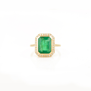Anillo de Halo de Alta Gama con Diseño Clásico Octogonal, Esmeralda y Diamantes de Corte Redondo, Oro Amarillo Puro de 14K, Joyería de Boda - Product Image 1