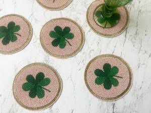 Four Leaf Clover <b>Beaded</b> Coaster <b>Set</b> Lucky Clover Drink Coasters Handmade Shamrock Coasters Green Leaf Mug Mats Coaster - Product Image 2