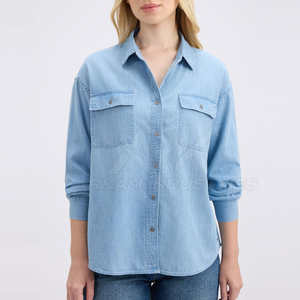 Camisa de Mezclilla de Manga Corta para Mujer, Cuello Alto, 100% Algodón Orgánico, Corte Ajustado, Ideal para Oficina, Estilo Casual de Verano - Product Image 5