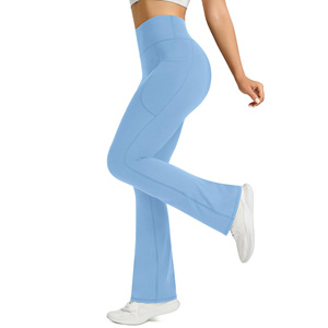 Custom High Waist Full Length Flared Leg Yoga <b>Leggings</b> With <b>Pockets</b> Solid Blue Seamless Stretch For Women - Product Image 5
