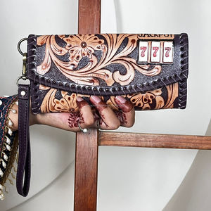 2026 New Hot Selling Floral Hand Tooled Leather Clutch for Women's Cowhide Fur Leather Card Holder Luxury Wristlet Wallet <b>Purses</b> - Product Image 4