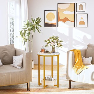 MODERN GOLD METAL WITH <b>MARBLE</b> <b>TOP</b> <b>SIDE</b> <b>TABLE</b> GOLD ACCENT PEDESTAL <b>TABLE</b> FOR LIVING ROOM &HOME DECOR - Product Image 4