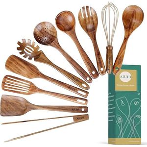 Set di 10 Utensili da Cucina in Legno di Teak, Spatola Antiaderente, Mestolo, Set di Cucchiai in Legno - Product Image 1