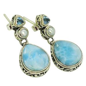 925 Sterling <b>Silver</b> <b>Drop</b> <b>Earrings</b> With Triangle Cut Natural Larimar Blue Topaz Stone & Freshwater Pearl Bezel Setting For Women - Product Image 5