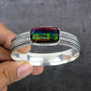 Natural Ammolite Sterling <b>Silver</b> Plated Channel Setting Ethnic Unisex Engagement Cuff <b>Bangle</b> <b>Bracelet</b> Rectangle Shape Wholesale - Product Image 1