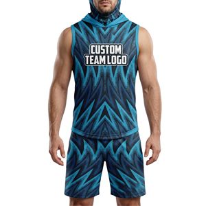 Shorts de football 7v7 imprimés par sublimation, ensemble maillot sans manches à capuche en polyester et élasthanne, kits de sport respirants - Product Image 1