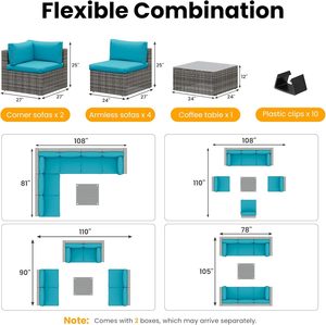 Modern 7 Pieces Outdoor Patio Furniture Set PE Rattan <b>Wicker</b> Sectional Sofa Set with Blue Cushions and Glass <b>Coffee</b> <b>Table</b> - Product Image 2