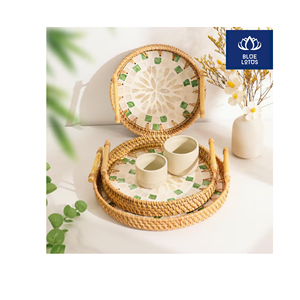 Calidad Confiable, Bandeja de Ratán Ecológica y Segura con Incrustaciones de Concha Pura, Ideal para Servir Café y Organizar el Escritorio, Precio Directo - Product Image 1