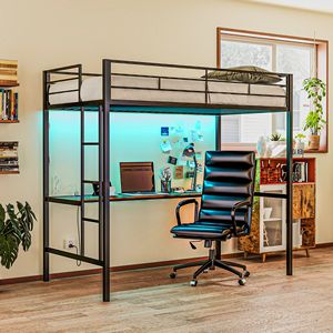 Letto a soppalco matrimoniale in metallo nero con luci LED, stazione di ricarica e scaletta: soluzione completa e conveniente. - Product Image 2