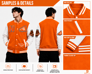 Veste universitaire d'hiver orange unisexe style preppy, col rabattu, logo N brodé, patch frontal, simple boutonnage, en polaire - Product Image 6