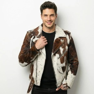 Unisex Cowhide Leather Biker <b>Jacket</b> Brown White Moto Coat with Belt and Zipper Front Pocket <b>Winter</b> Wear <b>Waterproof</b> - Product Image 3