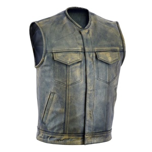 Gilet en cuir de vachette pleine fleur marron ciré pour homme, respirant, style vintage, col rond, fermeture boutonnée intégrale, idéal pour l'hiver - Product Image 1