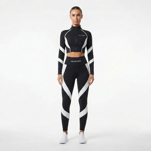 Conjunto deportivo de top corto con cremallera de manga larga y leggings de cintura alta con bloques de color para mujer - Product Image 1
